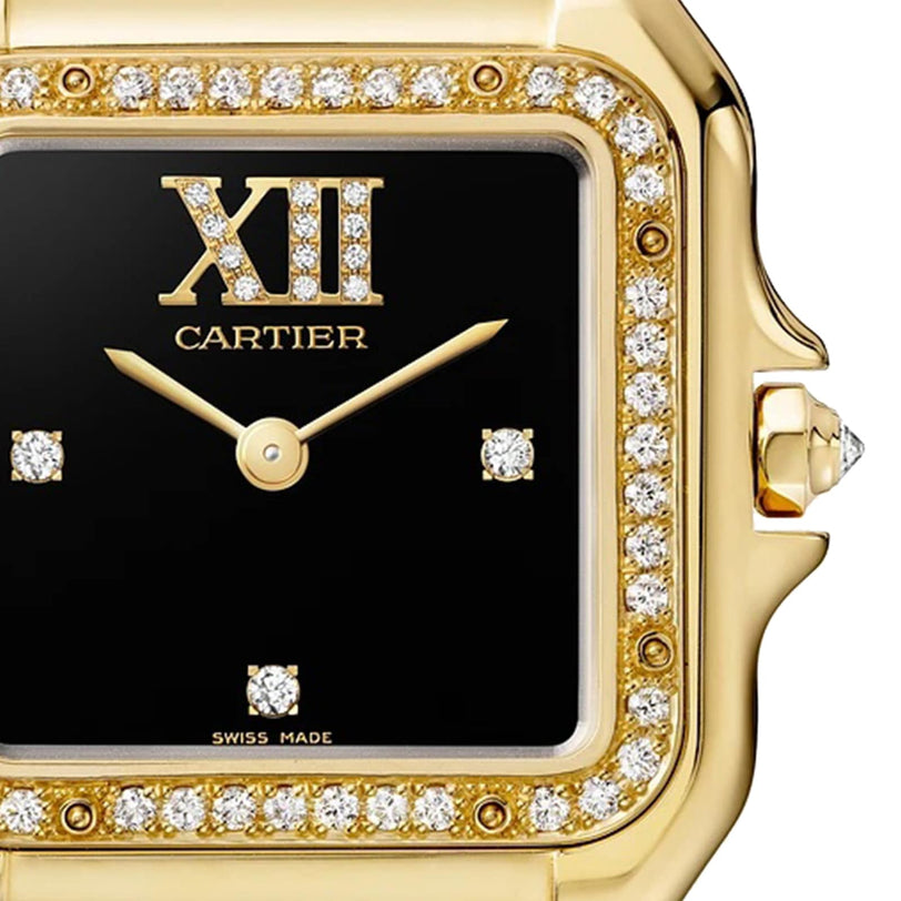 Close-up of the Panthère de Cartier watch by Cartier, featuring a black dial, diamond hour markers, diamond-encrusted bezel, and gold casing for enduring elegance.