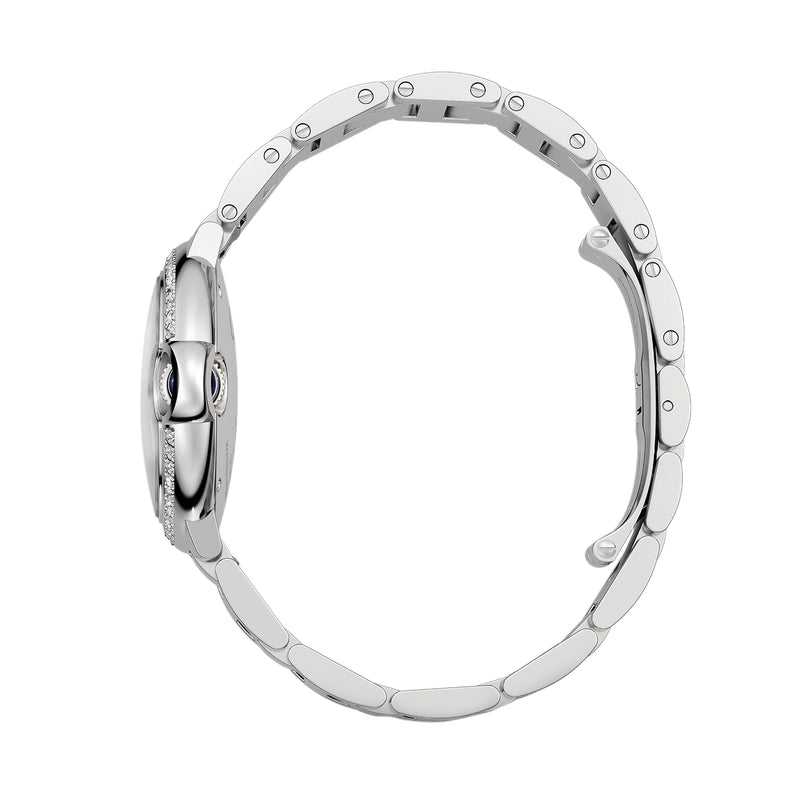 A side view of the Ballon Bleu de Cartier by Cartier reveals its metallic linked band, sunray grey dial, open clasp, and showcases the brand’s signature self-winding movement in an elegant design.