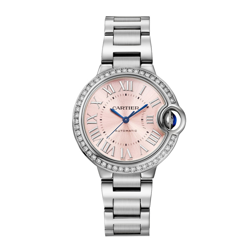 The Ballon Bleu de Cartier by Cartier features a silver case, pink sunray dial, Roman numeral markers, diamond-set bezel, and a polished metal link bracelet.