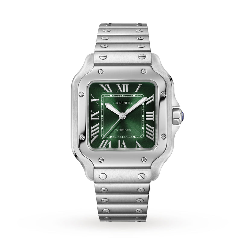 The Cartier Santos de Cartier is a stainless steel watch featuring a green square dial with Roman numerals, visible bezel screws, a metal link bracelet, and a self-winding mechanical movement.