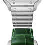 Close-up of a Cartier Santos de Cartier silver metal watch bracelet and a green leather strap, vertically aligned on a white background.