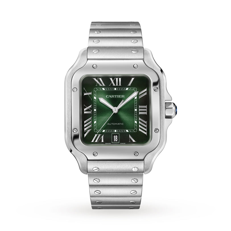 The Cartier Santos de Cartier watch features a stainless steel case, green rectangular dial with Roman numerals, and a metal link band, highlighting elegant form against a white background.