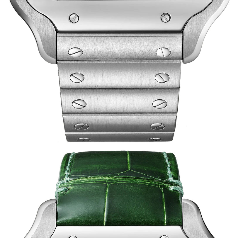 Close-up of a silver metal bracelet with screws and a green leather strap with white stitching, side by side—showcasing Cartier’s Santos de Cartier precision and technical innovation.