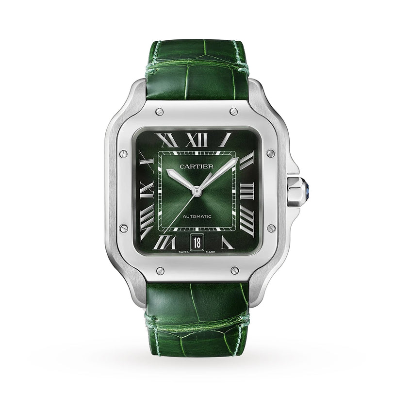 The Cartier Santos de Cartier wristwatch features a silver case, green dial with Roman numerals, green leather strap, and date display at 6 o’clock—showcasing the brand’s blend of technical innovation and precise design.