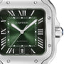 Close-up of the Santos de Cartier by Cartier featuring a green dial, Roman numerals, silver hands, a date window at 6 o’clock, and a stainless steel case—a striking blend of precision and timeless elegance.