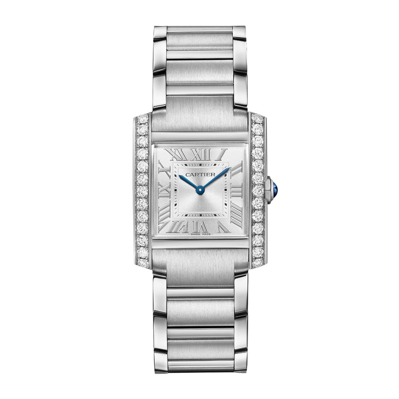 The Cartier Tank Française is a rectangular silver wristwatch with a metal bracelet, diamond side accents, Roman numerals, and blue sword-shaped hands on a white dial.