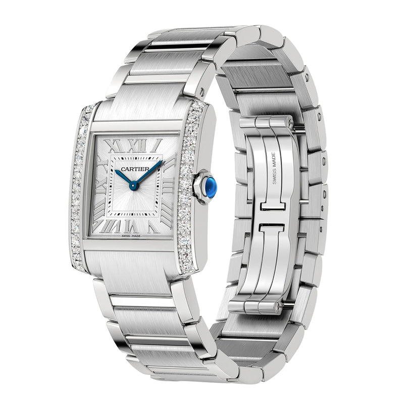 The Cartier Tank Française is a silver wristwatch with a rectangular face, Roman numerals, blue hands, diamond accents, and a metal link band.