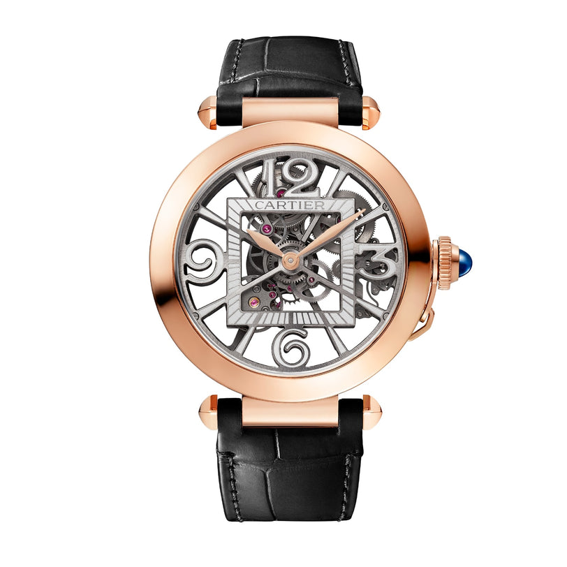 The Pasha de Cartier by Cartier features a gold case, skeleton dial with Roman numerals, and a black leather strap.