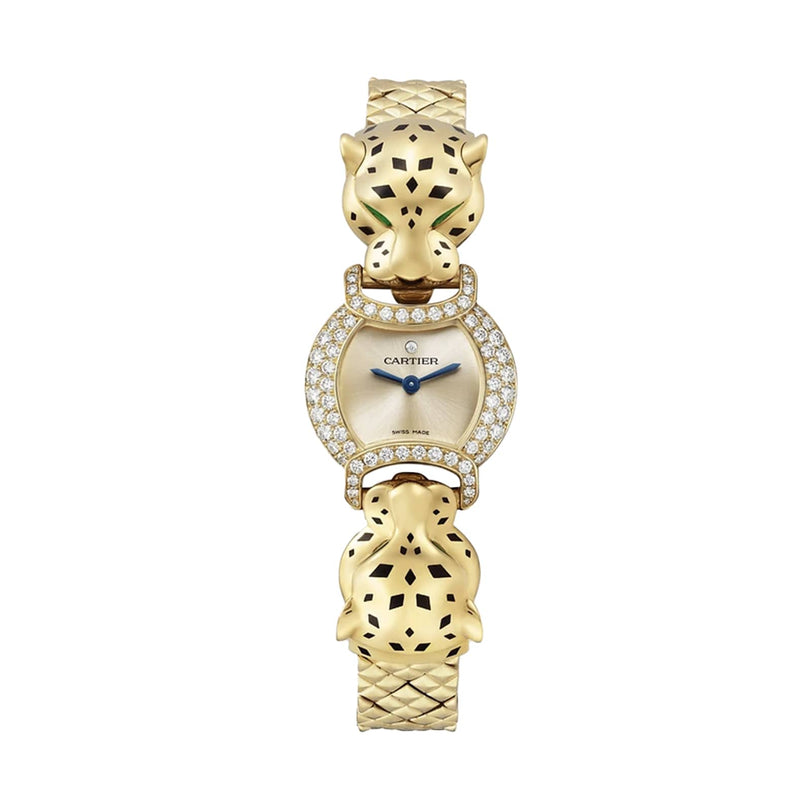 The La Panthère de Cartier wristwatch by Cartier features yellow gold, a round diamond-studded face, and two sculpted panther heads with black spots on the bracelet.