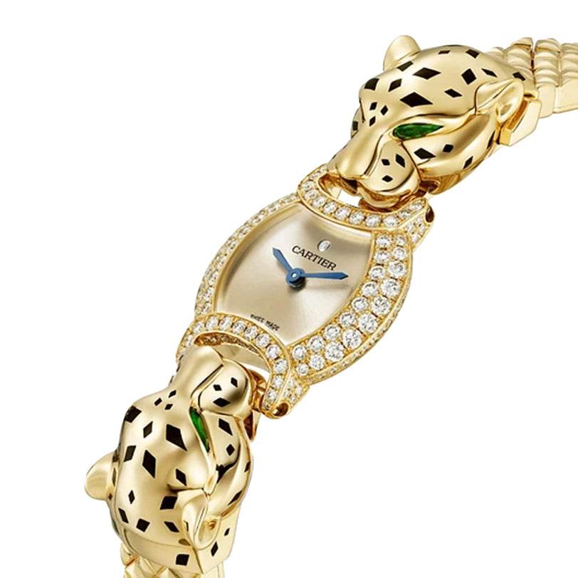 The La Panthère de Cartier wristwatch by Cartier showcases a yellow gold case, brilliant-cut diamonds on the bezel, and two panther heads with green stone eyes and black spots embellishing the bracelet.