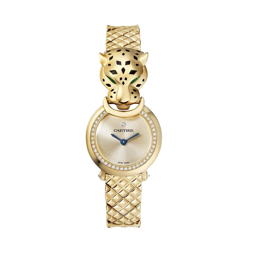 La Panthère de Cartier by Cartier is a luxury gold wristwatch with a round face, diamond accents, a bracelet band, and a sculpted panther head detail.