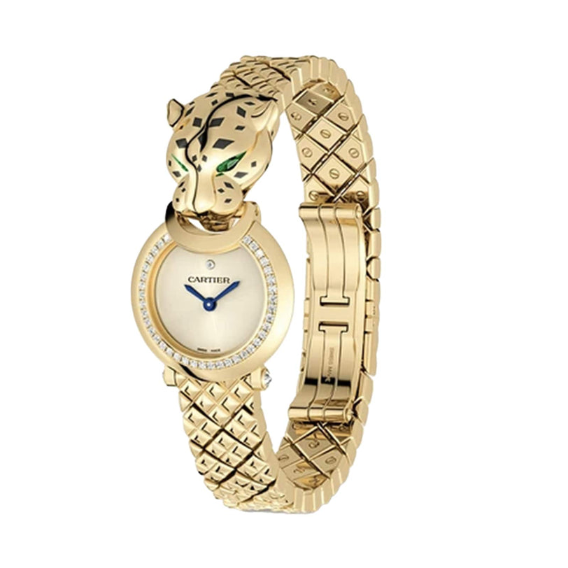 The Cartier La Panthère de Cartier gold luxury watch features a panther head design, diamond bezel, blue hands, and a textured bracelet, shown against a white background.