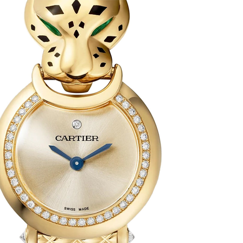 The La Panthère de Cartier by Cartier is a luxury gold watch with a diamond-studded bezel, blue hands, and a decorative panther head design on top.