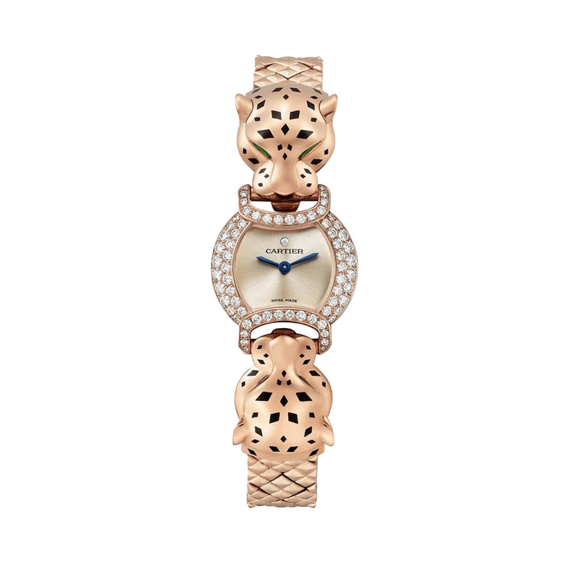 The La Panthère de Cartier watch by Cartier showcases a round, diamond-set face in rose gold and two sculpted panther heads with black spots at each end of the dial.