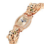 The La Panthère de Cartier watch by Cartier features two panther head details, diamond accents, an oval face with blue hands, and a silver dial.