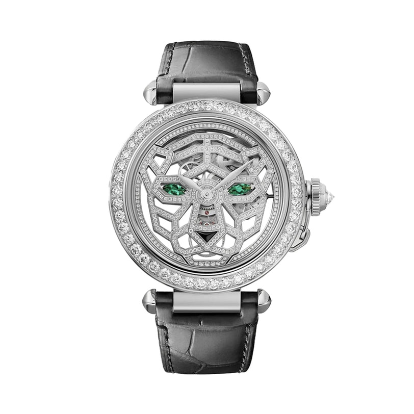 A luxurious Panthère Jewelry piece by Cartier, featuring a diamond-encrusted bezel, green-accented design, and an elegant black leather strap.