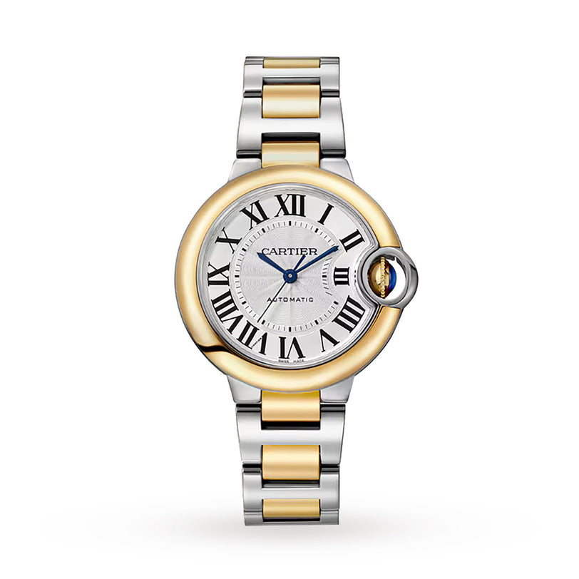 The Ballon Bleu de Cartier by Cartier features a round face with Roman numerals, blue hands, and a two-tone silver and 18K yellow gold metal link bracelet, highlighted by a blue sapphire cabochon crown.
