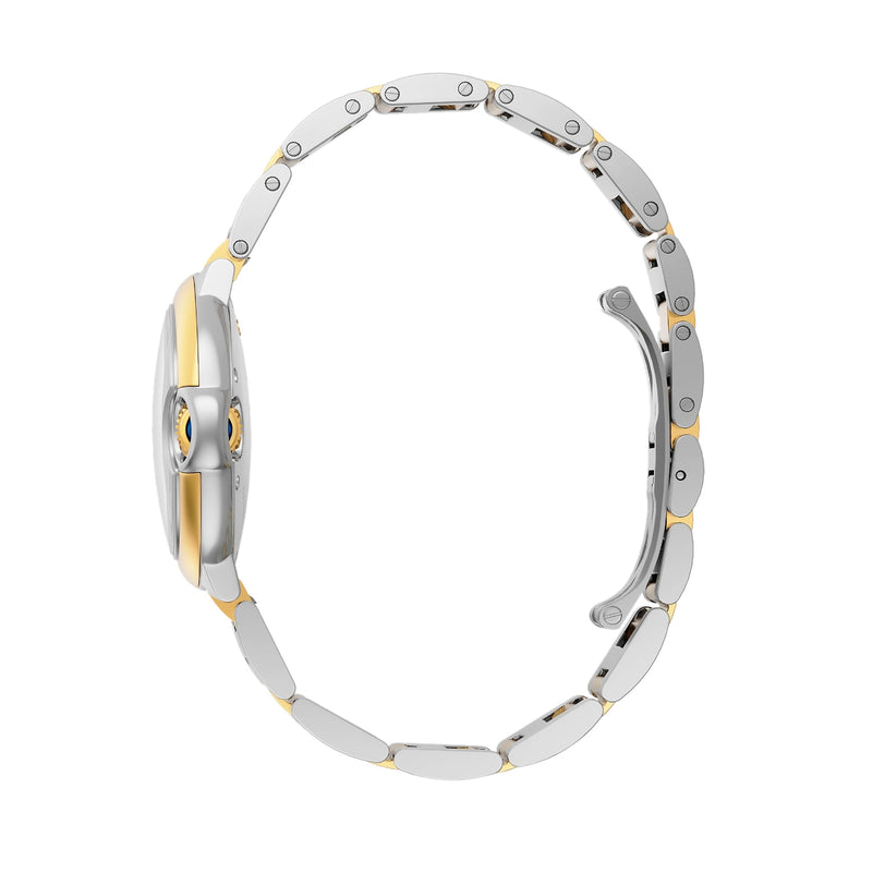 Side view of the Ballon Bleu de Cartier by Cartier, featuring a metal link bracelet, an 18K yellow gold case, and a blue sapphire cabochon crown that highlights its elegant thin profile.