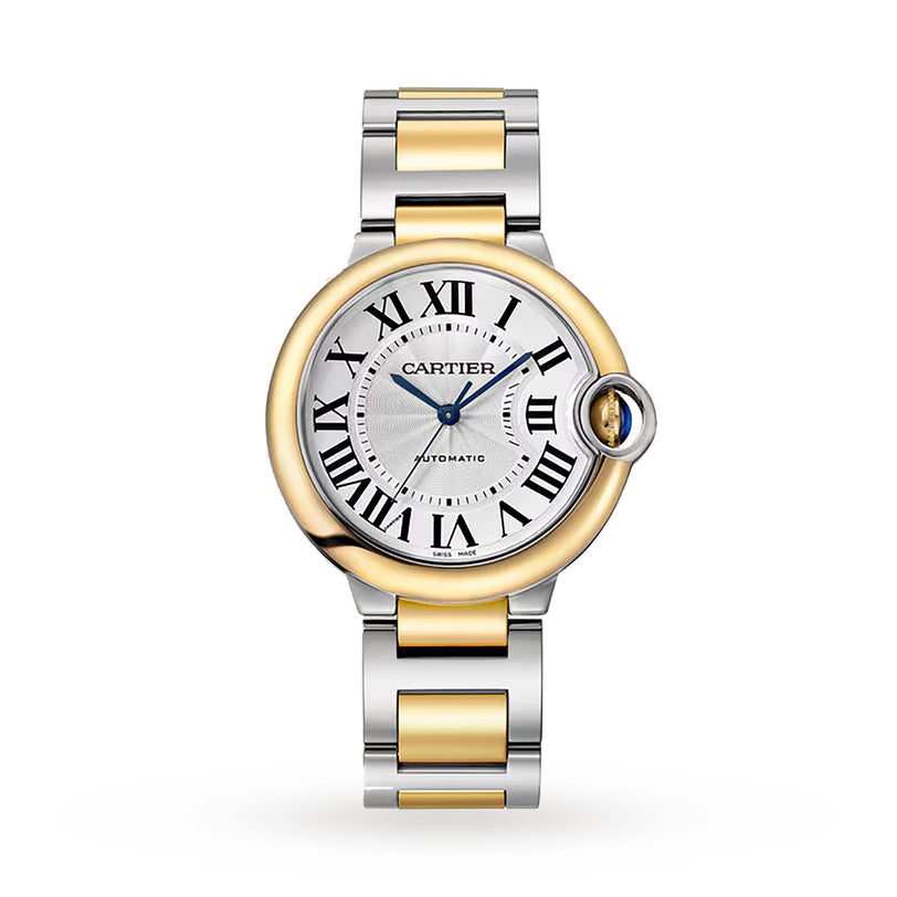 The Cartier Ballon Bleu de Cartier features a round silver face with Roman numerals, blue hands, and a two-tone 18K yellow gold and silver metal band.