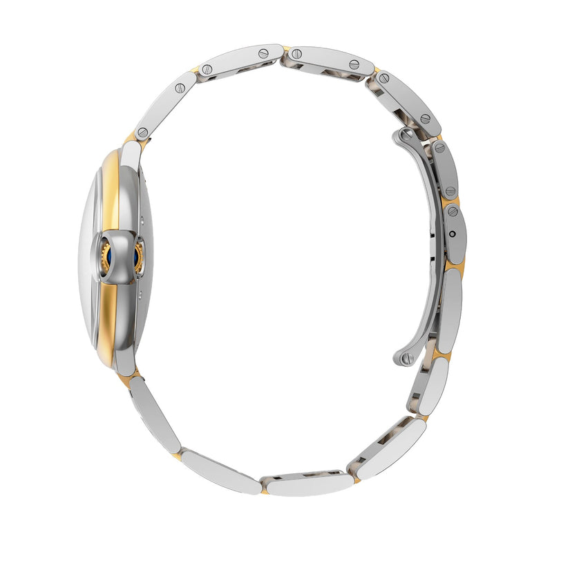 Side view of the Cartier Ballon Bleu de Cartier watch, showcasing its silver and 18K yellow gold round case, linked bracelet, and the design of its thickness and clasp.