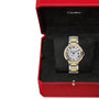 The Ballon Bleu de Cartier watch by Cartier features a gold and silver band and comes in a red Cartier box with a black interior.
