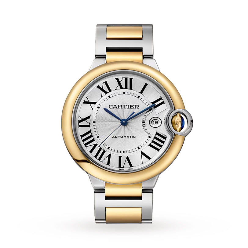The Cartier Ballon Bleu de Cartier features Roman numeral markers, blue hands, a date window at 3 o’clock, and a two-tone gold and silver round bezel, powered by the Calibre 1847 MC automatic movement.