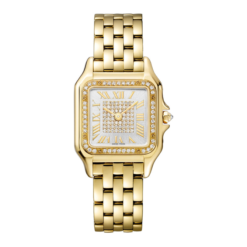 Panthère de Cartier by Cartier: a yellow gold wristwatch with a square face, Roman numerals, diamond-accented bezel and dial, and a link bracelet, elegantly displayed on a plain white background.