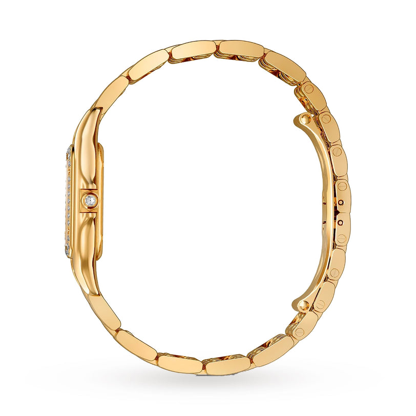 Side view of the Cartier Panthère de Cartier wristwatch in yellow gold, featuring a slim profile, linked bracelet, and a single round diamond set on the case for a luxurious touch.