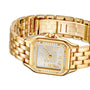 The Panthère de Cartier by Cartier is a gold wristwatch with a square face, Roman numerals, and a bezel adorned with clear stones, set on a yellow gold metal band featuring luxury details.