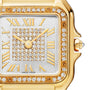 Close-up of the Cartier Panthère de Cartier wristwatch in yellow gold, showcasing a diamond-studded face, Roman numerals, and a diamond-accented bezel. Luxurious details are emphasized as the time shows approximately 10:08.