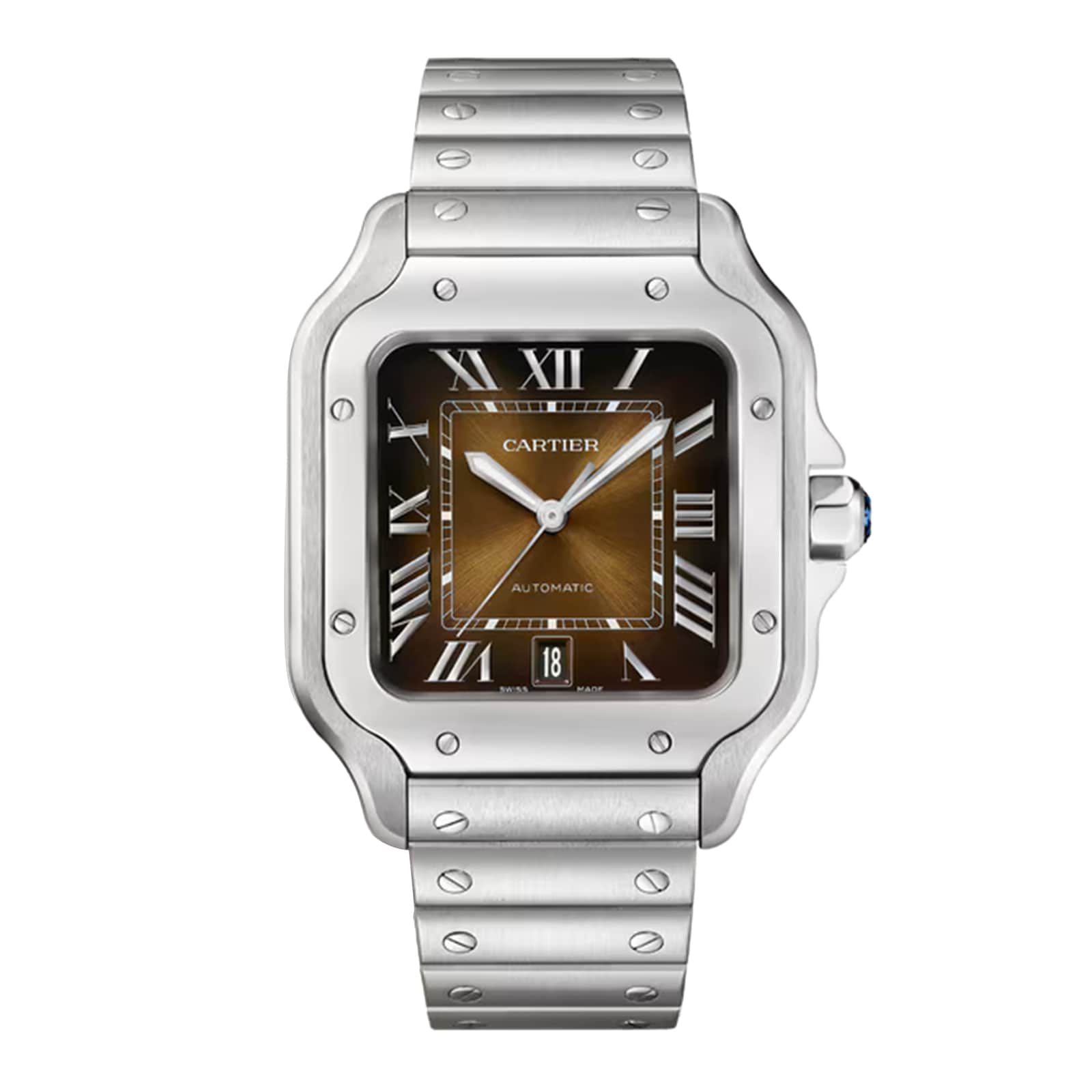 The Cartier Santos de Cartier wristwatch features a stainless steel case, square brown dial with Roman numerals, date window, and metal bracelet—capturing timeless minimalism.