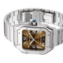 The Cartier Santos de Cartier is a stainless steel wristwatch featuring a square brown dial, Roman numerals, date display, blue crown gem, and a minimalist design.