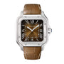 The Santos de Cartier by Cartier features a brown leather strap, rectangular stainless steel case, brown dial with Roman numerals, date display at 6 o’clock, and automatic winding for timeless elegance.