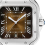 Close-up of the Cartier Santos de Cartier watch featuring a brown sunburst dial, Roman numerals, silver hands, date window at 6 o’clock, and a stainless steel case—exuding refined minimalism with automatic movement.