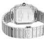 Back view of the Cartier Santos de Cartier wristwatch highlights its engraved case back, automatic movement, stainless steel bracelet, and clasp with the Cartier logo—an elegant expression of minimalist design.