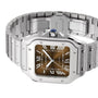 The Cartier Santos de Cartier wristwatch features a square brown dial with Roman numerals and a stainless steel link bracelet, showcasing timeless minimalism.