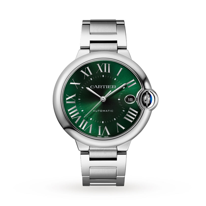 Ballon Bleu de Cartier watch by Cartier with a green dial, Roman numerals, date display, and metal bracelet shown on a white background.
