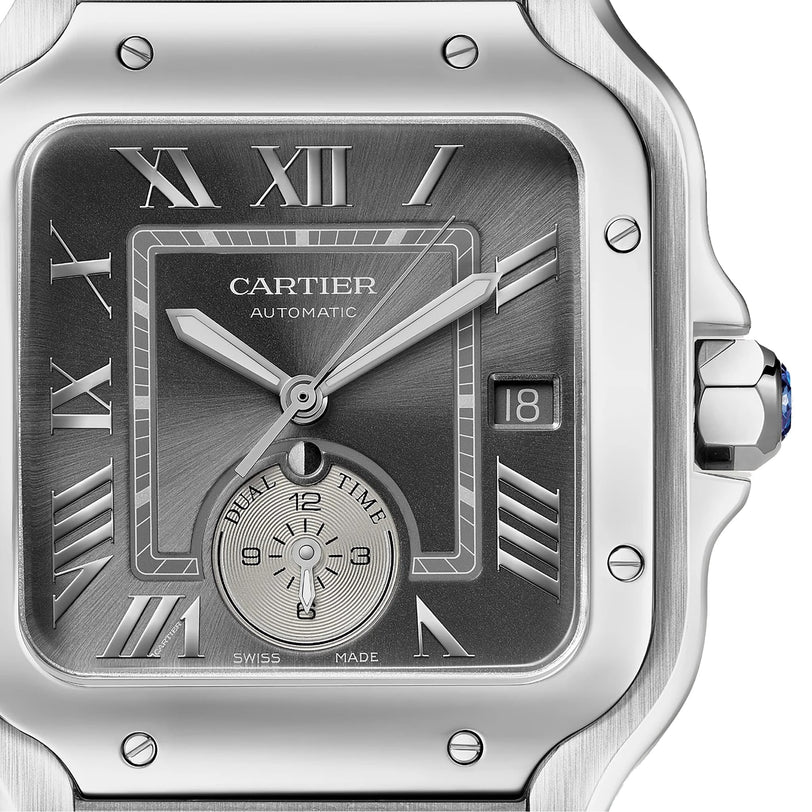 Close-up of the Santos de Cartier automatic wristwatch featuring a square face, Roman numerals, date window, and a Real Time subdial at 6 o’clock—a stunning example of timeless elegance from Cartier.