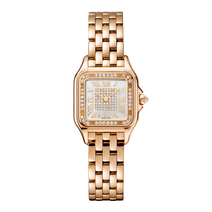 The Cartier Panthère de Cartier Small Model features a square face with Roman numerals, diamond-set bezel, and an 18K rose gold link bracelet, shown against a white backdrop.