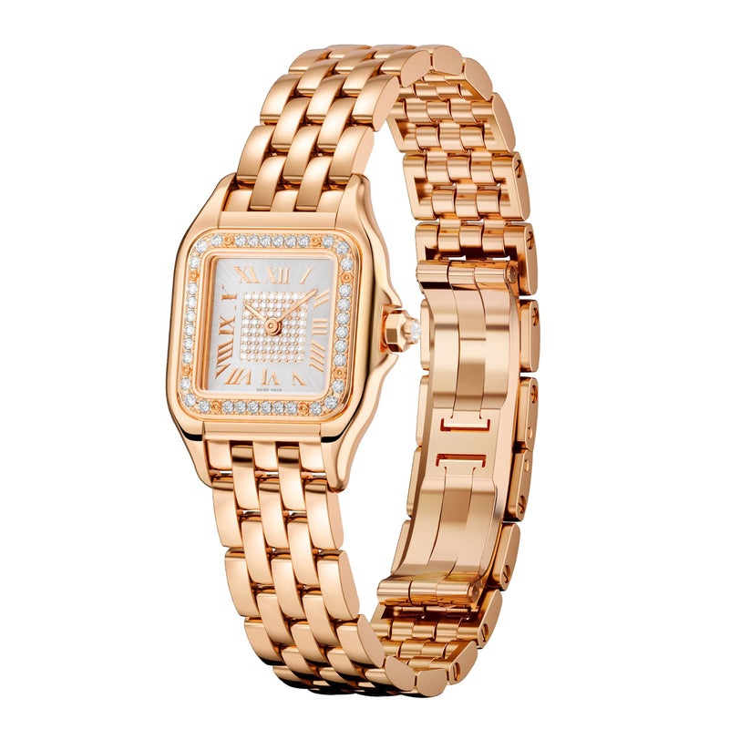 The Panthère de Cartier Small Model by Cartier is crafted in 18K rose gold, featuring a square face with Roman numerals, a white dial, metal link bracelet, and a diamond-set bezel.