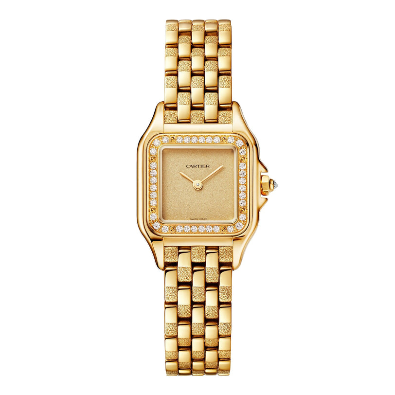 The Panthère de Cartier Small Model by Cartier features a square face, brilliant-cut diamond bezel, and linked bracelet in 18K yellow gold, shown against a white background.