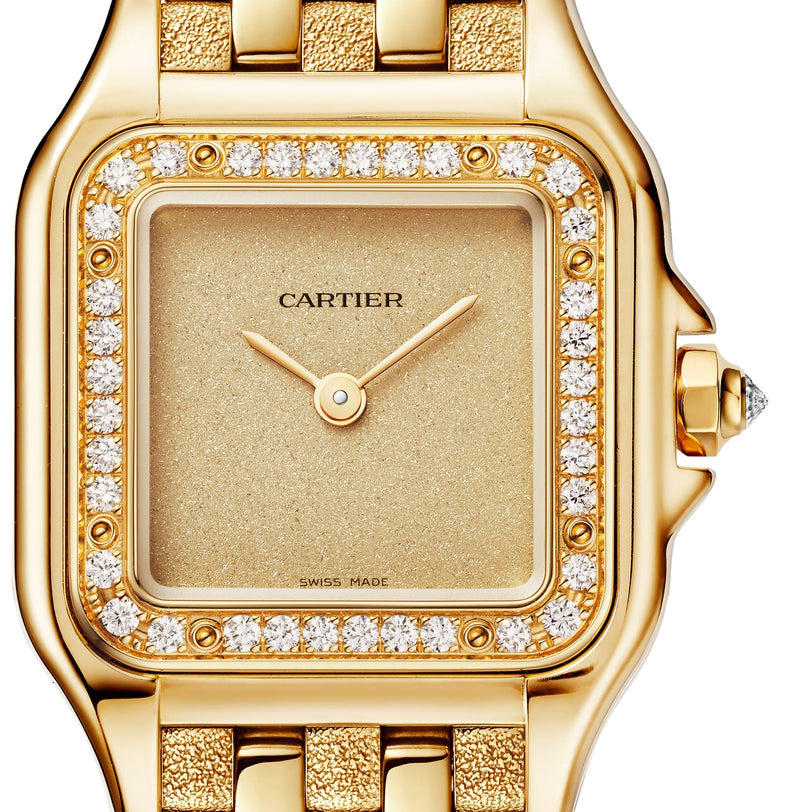 Close-up of the Panthère de Cartier Small Model by Cartier, featuring a square face, brilliant-cut diamonds on the bezel, gold dial, two hands with no numbers, and an 18K yellow gold bracelet.