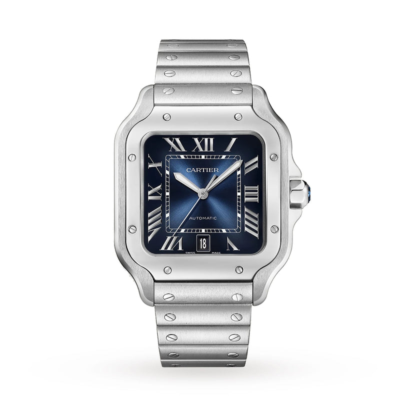 The Cartier Santos de Cartier aviation watch features a blue dial with Roman numerals, a stainless steel case, metal bracelet, and precise mechanical movement.