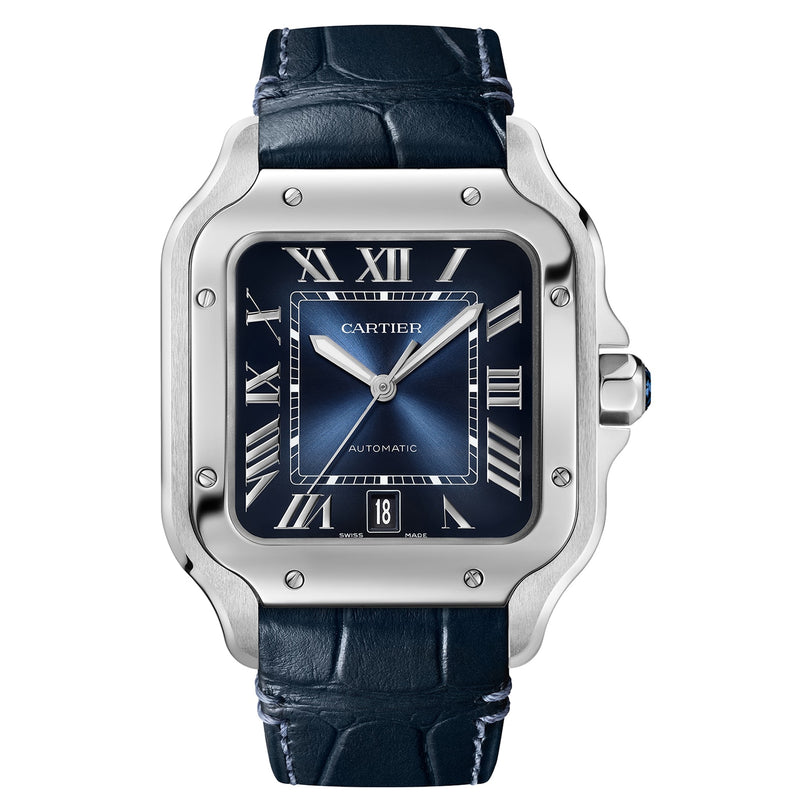 The Santos de Cartier by Cartier is an aviation watch with a blue dial featuring Roman numerals, mechanical movement, date at 6 oclock, stainless steel case, and a blue leather strap.
