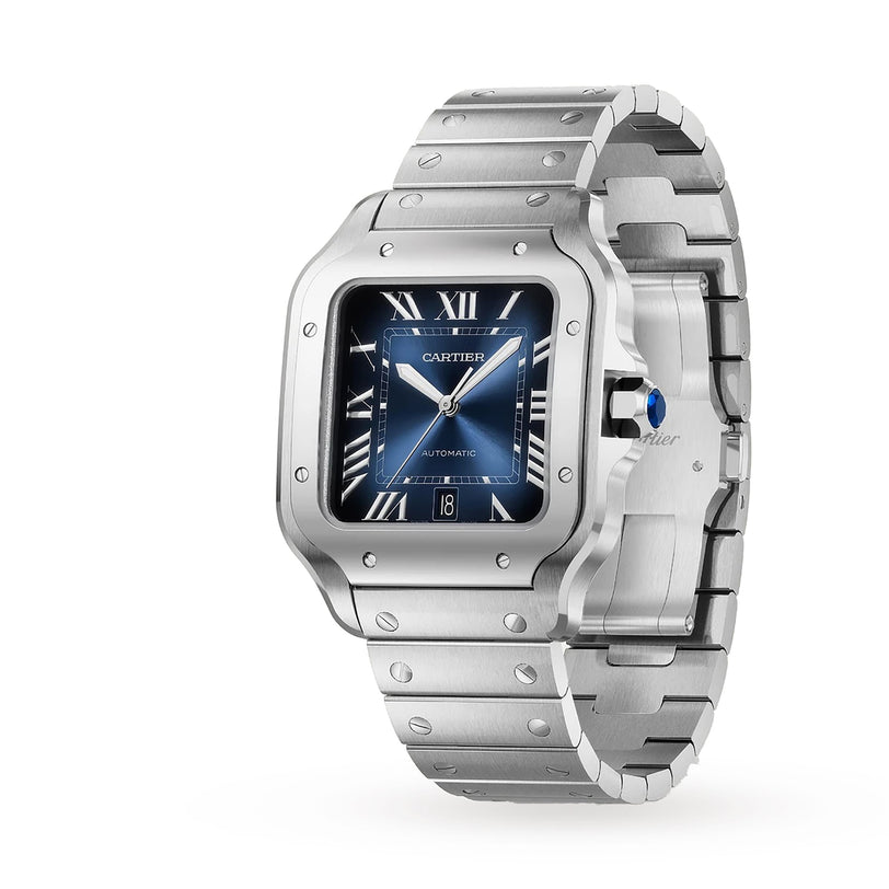 The Santos de Cartier by Cartier is a stainless steel wristwatch featuring a square blue dial, Roman numeral hour markers, and a metal link bracelet.