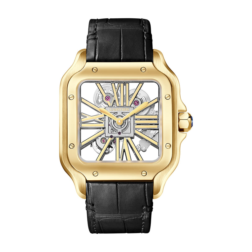 The Cartier Santos de Cartier Skeleton is a gold square watch with visible inner workings and a black leather strap, shown on a white background.