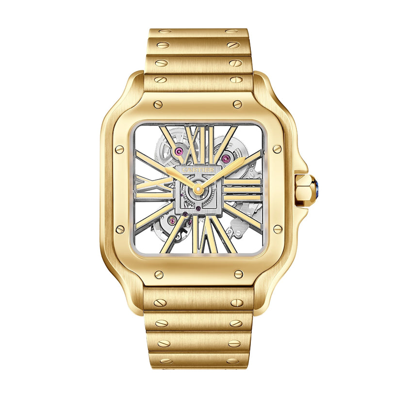 The Santos de Cartier Skeleton by Cartier is a gold square wristwatch with a skeleton dial, exposed gears, Roman numerals, and a metal bracelet.