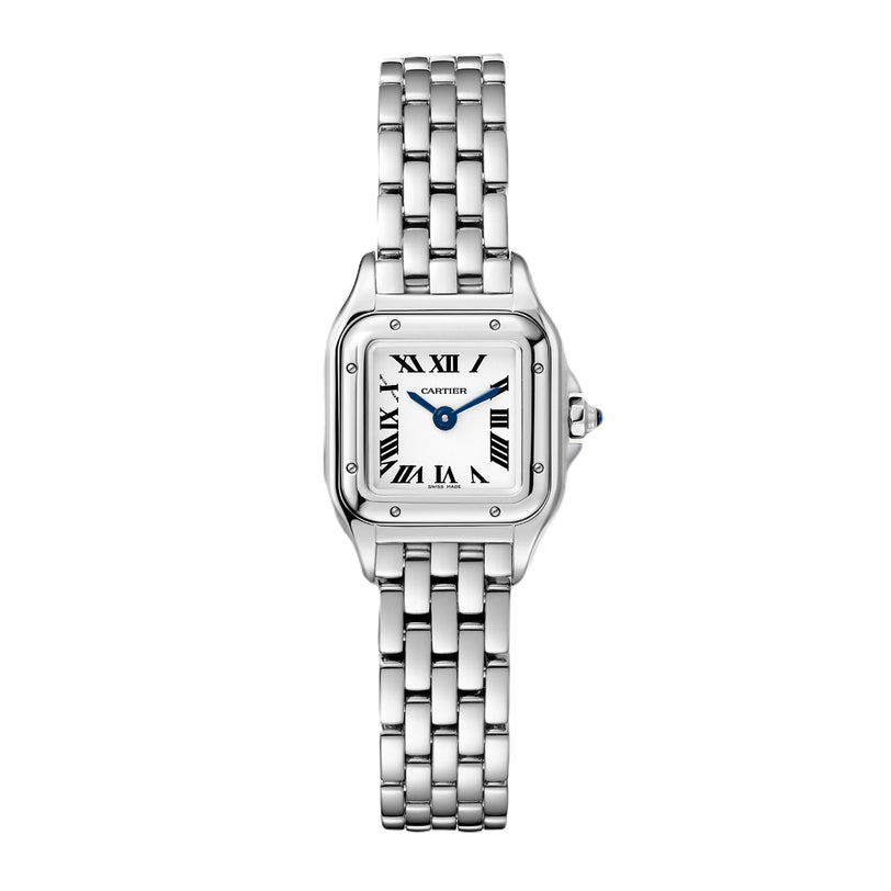 The Panthère de Cartier watch by Cartier features a steel case, square white dial with black Roman numerals, blue hands, and a metal link bracelet, displayed on a white background.