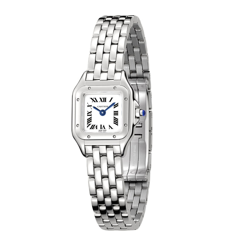 The Panthère de Cartier watch by Cartier features a steel case, square white dial with Roman numerals, blue hands, and a linked metal bracelet.