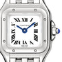 Close-up of the Panthère de Cartier watch by Cartier, featuring a stainless steel case, white square dial, blue hands, Roman numerals, and a beaded crown with a blue gemstone. Equipped with precise quartz movement.